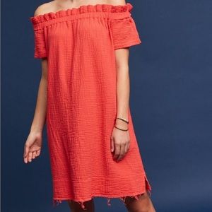 Amadi Anthropologie Maella Off Shoulder Coral Gauze Tunic Mini Dress Top S
